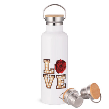 Love lights and roses, Stainless steel White with wooden lid (bamboo), double wall, 750ml