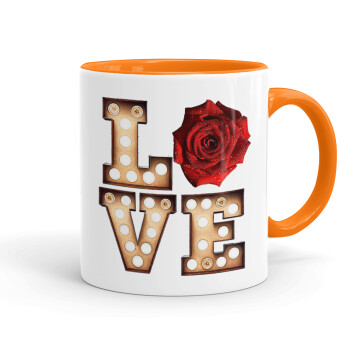 Love lights and roses, Κούπα χρωματιστή πορτοκαλί, κεραμική, 330ml
