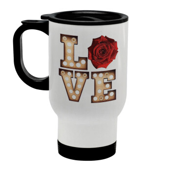 Love lights and roses, Stainless steel travel mug with lid, double wall white 450ml
