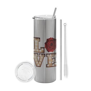 Love lights and roses, Tumbler stainless steel Silver 600ml, with metal straw & cleaning brush