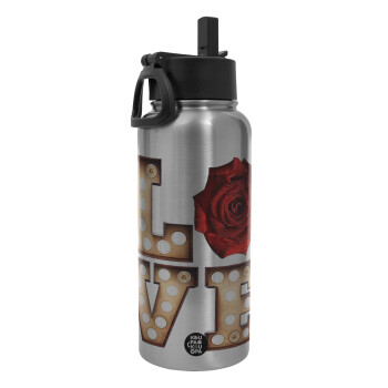 Love lights and roses, Metal mug thermo Silver with Straw and Spout Lid (Stainless steel), double wall, 950ml