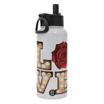 Love lights and roses, Metal mug thermo White with Straw and Spout Lid (Stainless steel), double wall, 950ml