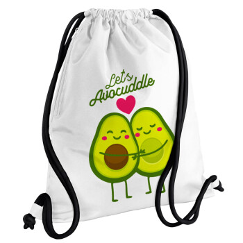 Let's avocuddle, Τσάντα πλάτης πουγκί GYMBAG λευκή, με τσέπη (40x48cm) & χονδρά κορδόνια
