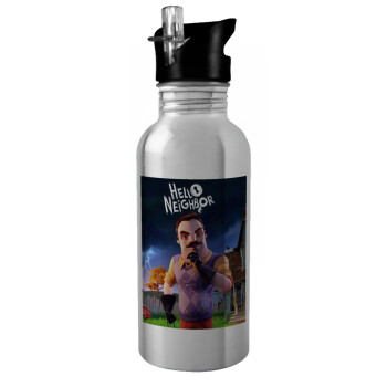 Hello Neighbor, Water bottle Silver with straw, stainless steel 600ml