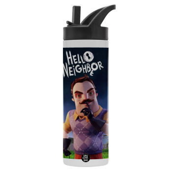  Hello Neighbor, Μεταλλικό παγούρι θερμός με καλαμάκι & χειρολαβή, ανοξείδωτο ατσάλι (Stainless steel 304), διπλού τοιχώματος, 600ml