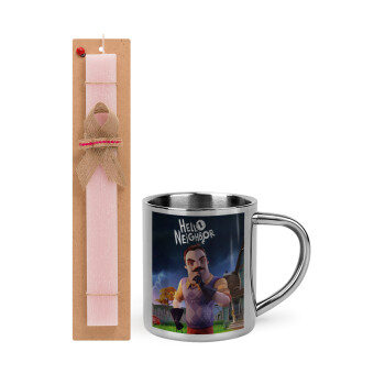  Hello Neighbor, Easter Set, metallic thermal cup (300ml) & aromatic flat Easter candle (30cm) (PINK)