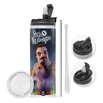  Hello Neighbor, Travel Tumbler θερμό με διπλό καπάκι, μεταλλικό καλαμάκι και βούρτσα καθαρισμού (Ανωξείδωτο 304 Food grade, BPA free, 600ml)