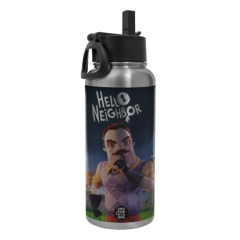  Hello Neighbor, Metal mug thermo Silver with Straw and Spout Lid (Stainless steel), double wall, 950ml