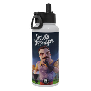  Hello Neighbor, Μεταλλικό παγούρι θερμός Λευκό με καλαμάκι και χερούλι (Stainless steel), διπλού τοιχώματος, 950ml