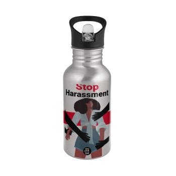 STOP Harassment, Παγούρι νερού Ασημένιο με καλαμάκι, ανοξείδωτο ατσάλι 500ml
