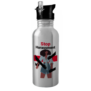 STOP Harassment, Παγούρι νερού Ασημένιο με καλαμάκι, ανοξείδωτο ατσάλι 600ml