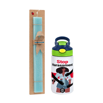 STOP Harassment, Easter Set, Children's thermal stainless steel bottle with safety straw, green/blue (350ml) & aromatic flat Easter candle (30cm) (TURQUOISE)