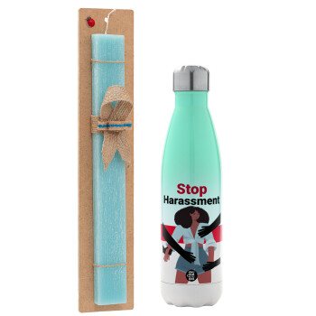 STOP Harassment, Easter Set, Metallic green/white thermos (Stainless steel), double-walled, 500ml & scented flat Easter candle (30cm) (TURQUOISE)