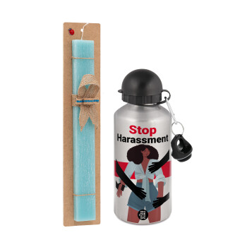 STOP Harassment, Easter Set, metallic silver aluminum water bottle (500ml) & scented flat Easter candle (30cm) (TURQUOISE)