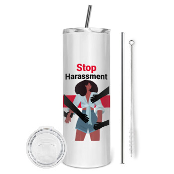 STOP Harassment, Eco friendly ποτήρι θερμό (tumbler) από ανοξείδωτο ατσάλι 600ml, με μεταλλικό καλαμάκι & βούρτσα καθαρισμού