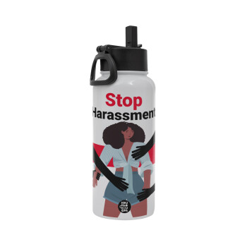 STOP Harassment, Metal mug thermo White with Straw and Spout Lid (Stainless steel), double wall, 950ml