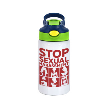 STOP sexual Harassment, Children's hot water bottle, stainless steel, with safety straw, green, blue (350ml)