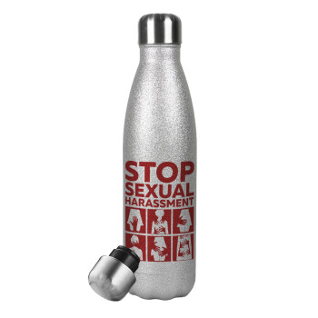 STOP sexual Harassment, Μεταλλικό παγούρι θερμός Glitter Aσημένιο (Stainless steel), διπλού τοιχώματος, 500ml