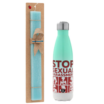 STOP sexual Harassment, Easter Set, Metallic green/white thermos (Stainless steel), double-walled, 500ml & scented flat Easter candle (30cm) (TURQUOISE)