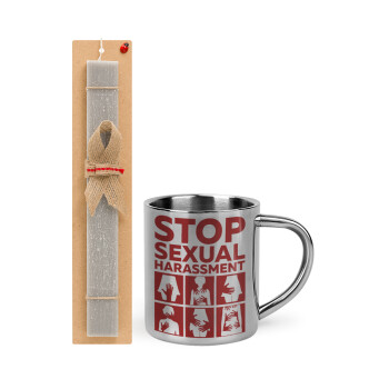 STOP sexual Harassment, Easter Set, metallic thermal cup (300ml) & Easter aromatic flat candle (30cm) (GRAY)