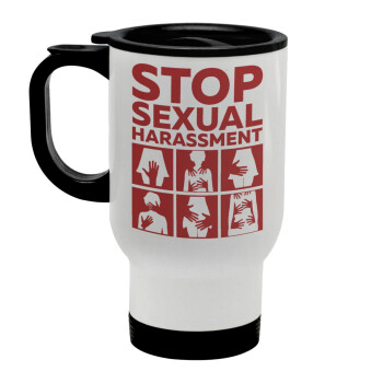 STOP sexual Harassment, Κούπα ταξιδιού ανοξείδωτη με καπάκι, διπλού τοιχώματος (θερμό) λευκή 450ml
