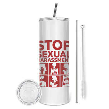 STOP sexual Harassment, Eco friendly ποτήρι θερμό (tumbler) από ανοξείδωτο ατσάλι 600ml, με μεταλλικό καλαμάκι & βούρτσα καθαρισμού