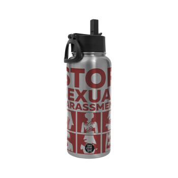 STOP sexual Harassment, Metal mug thermo Silver with Straw and Spout Lid (Stainless steel), double wall, 950ml