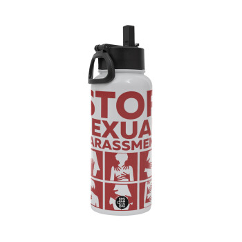 STOP sexual Harassment, Metal mug thermo White with Straw and Spout Lid (Stainless steel), double wall, 950ml