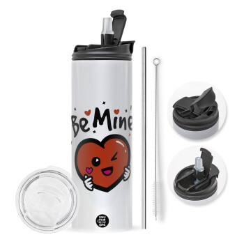 Be mine!, Travel Tumbler θερμό με διπλό καπάκι, μεταλλικό καλαμάκι και βούρτσα καθαρισμού (Ανωξείδωτο 304 Food grade, BPA free, 600ml)