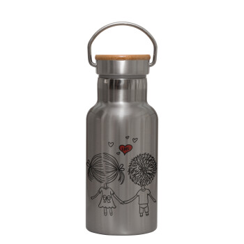 Hold my hand for ever, Stainless steel metallic thermos flask, silver with a bamboo lid, double-walled, 350ml.