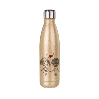 Hold my hand for ever, Glitter gold stainless steel thermos bottle, double-walled, 500ml