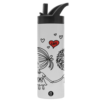 Hold my hand for ever, Metallic thermos bottle with straw & handle, stainless steel (Stainless steel 304), double-walled, 600ml.