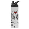 Metallic thermos bottle with straw & handle, stainless steel (Stainless steel 304), double-walled, 600ml.