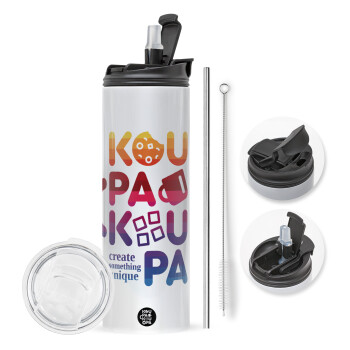 koupakoupa, Travel Tumbler θερμό με διπλό καπάκι, μεταλλικό καλαμάκι και βούρτσα καθαρισμού (Ανωξείδωτο 304 Food grade, BPA free, 600ml)