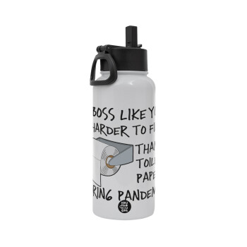 A boss like you is harder to find, than a toilet paper during pandemic, Metal mug thermo White with Straw and Spout Lid (Stainless steel), double wall, 950ml