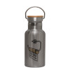 Stainless steel metallic thermos flask, silver with a bamboo lid, double-walled, 350ml.