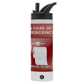 In case of emergency break the glass!, Μεταλλικό παγούρι θερμός με καλαμάκι & χειρολαβή, ανοξείδωτο ατσάλι (Stainless steel 304), διπλού τοιχώματος, 600ml