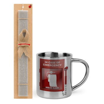 In case of emergency break the glass!, Easter Set, metallic thermal cup (300ml) & Easter aromatic flat candle (30cm) (GRAY)