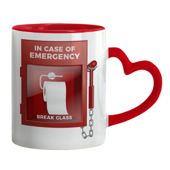 In case of emergency break the glass!, Κούπα καρδιά χερούλι κόκκινη, κεραμική, 330ml