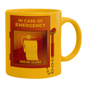 In case of emergency break the glass!, Ceramic coffee mug yellow, 330ml (1pcs)