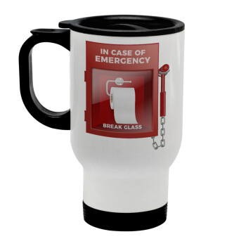 In case of emergency break the glass!, Stainless steel travel mug with lid, double wall white 450ml