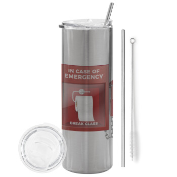 In case of emergency break the glass!, Eco friendly stainless steel Silver tumbler 600ml, with metal straw & cleaning brush