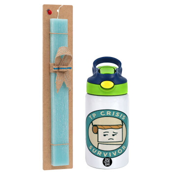 TP Crisis Survivor, Easter Set, Children's thermal stainless steel bottle with safety straw, green/blue (350ml) & aromatic flat Easter candle (30cm) (TURQUOISE)