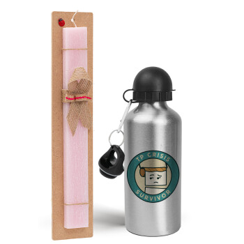 TP Crisis Survivor, Easter Set, metallic Silver aluminum water bottle (500ml) & scented flat Easter candle (30cm) (PINK)