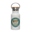 Metallic thermos (Stainless steel) White with wooden lid (bamboo), double-walled, 350ml