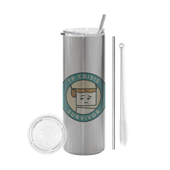 TP Crisis Survivor, Eco friendly stainless steel Silver tumbler 600ml, with metal straw & cleaning brush