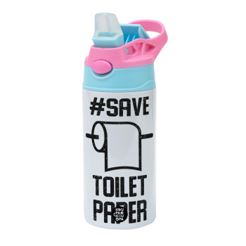 Save toilet Paper, Children's hot water bottle, stainless steel, with safety straw, Pink/BlueCiel (360ml) BPA FREE