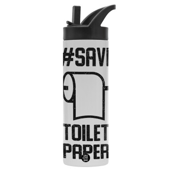 Save toilet Paper, Μεταλλικό παγούρι θερμός με καλαμάκι & χειρολαβή, ανοξείδωτο ατσάλι (Stainless steel 304), διπλού τοιχώματος, 600ml