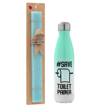 Save toilet Paper, Easter Set, Metallic green/white thermos (Stainless steel), double-walled, 500ml & scented flat Easter candle (30cm) (TURQUOISE)