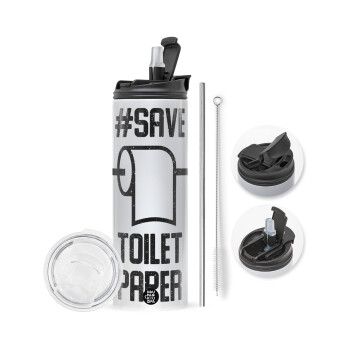 Save toilet Paper, Travel Tumbler θερμό με διπλό καπάκι, μεταλλικό καλαμάκι και βούρτσα καθαρισμού (Ανωξείδωτο 304 Food grade, BPA free, 600ml)